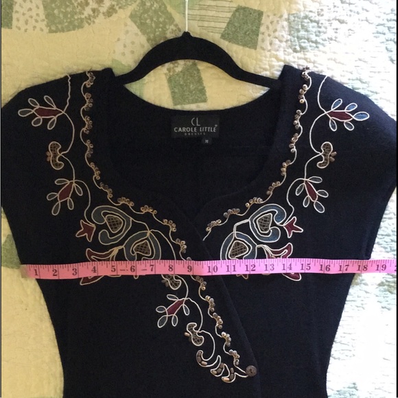 M Long Black Dress Cap-Sleeve,Intricate Beading and Appliqué by Carole Little - Picture 6 of 14